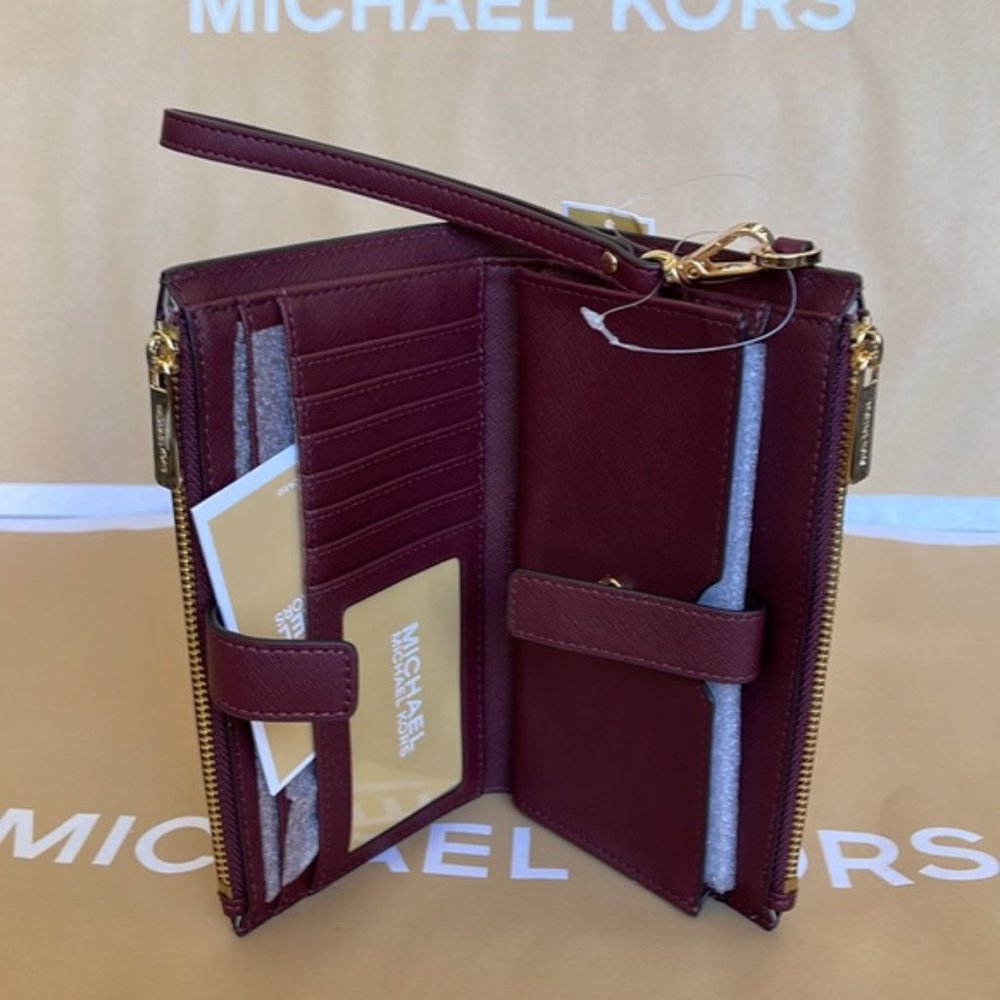 Michael Kors Jet Set Travel Large Double Zip Wristlet Wallet Merlot Leather - Picture 10 of 16